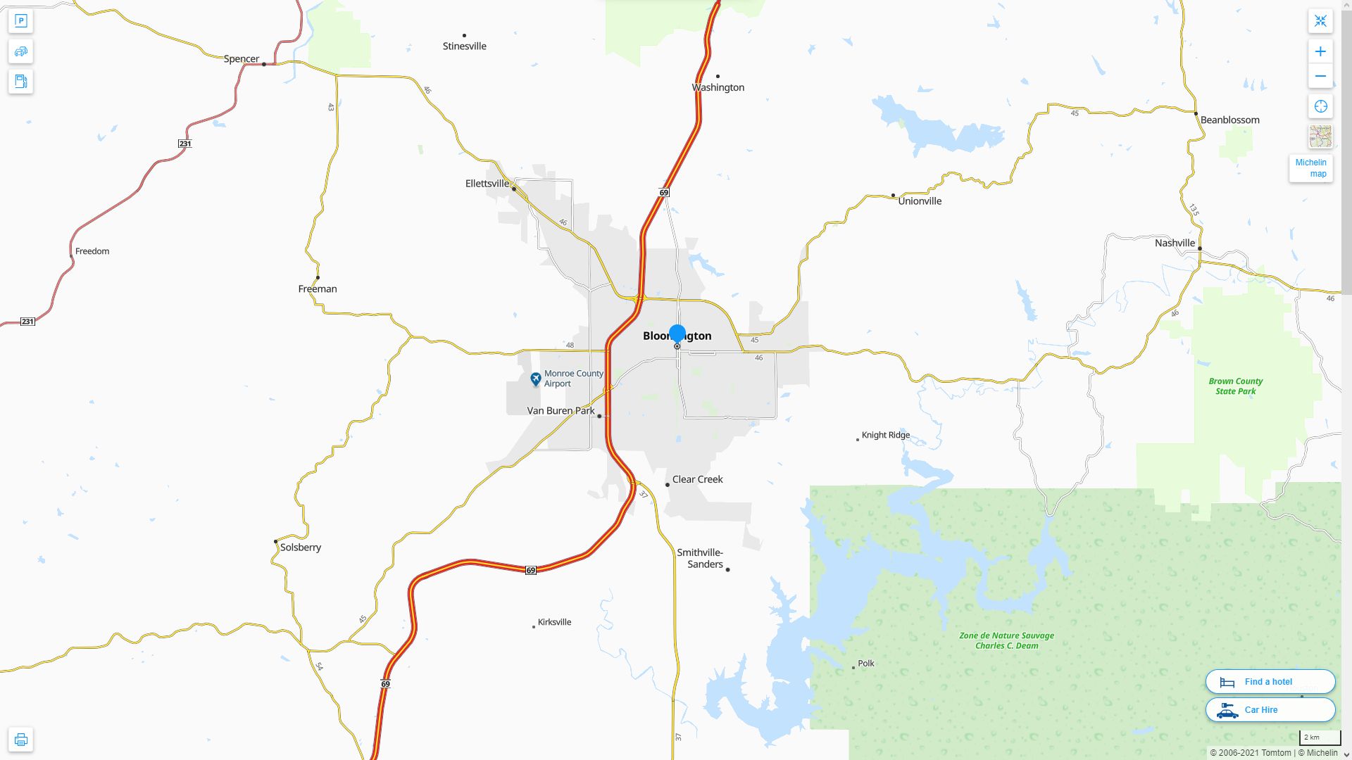 Bloomington Indiana Highway and Road Map
